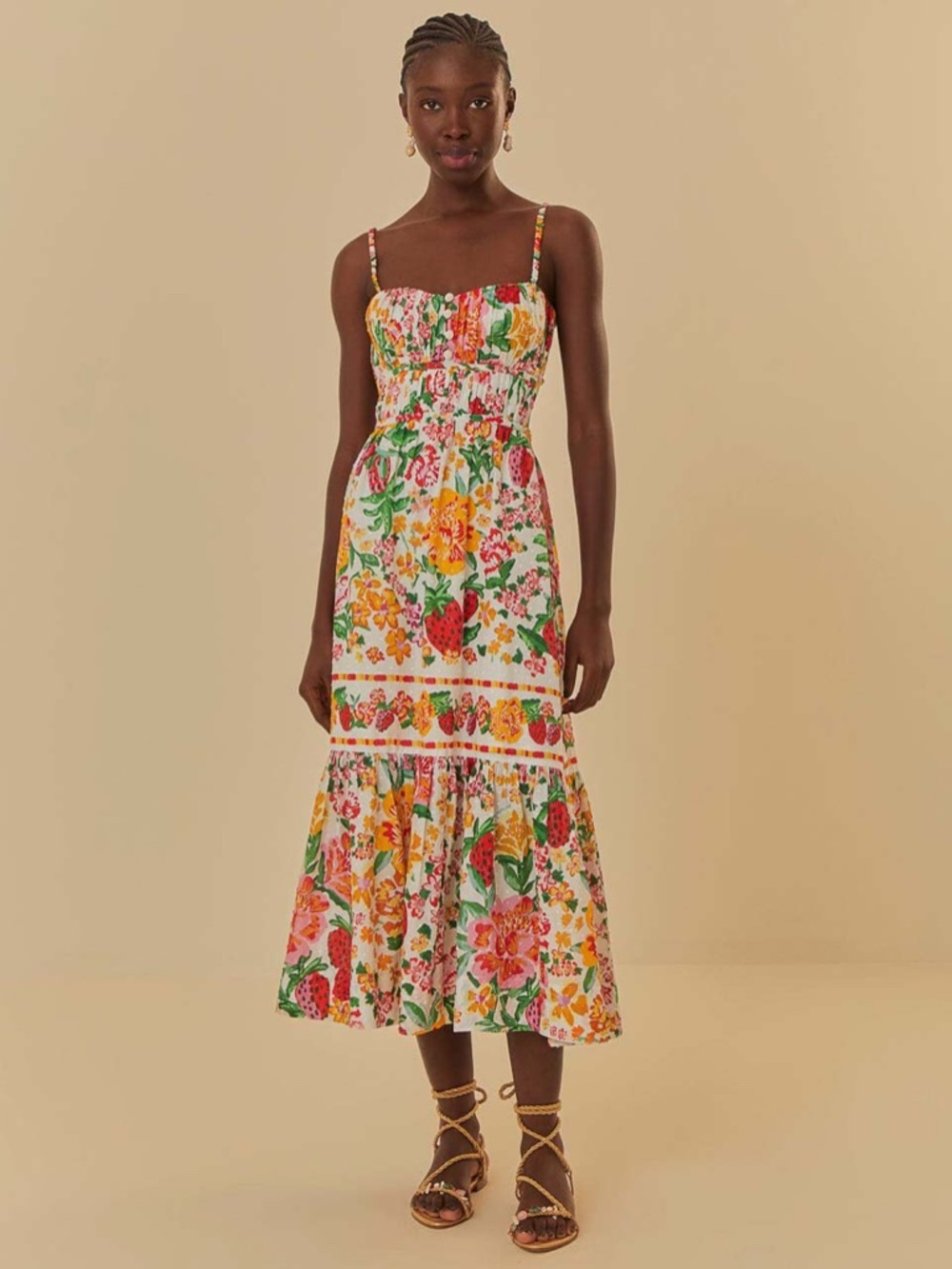 Farm Rio Cotton Floral Sketch Midi Dress | Small - Picture 2 of 6